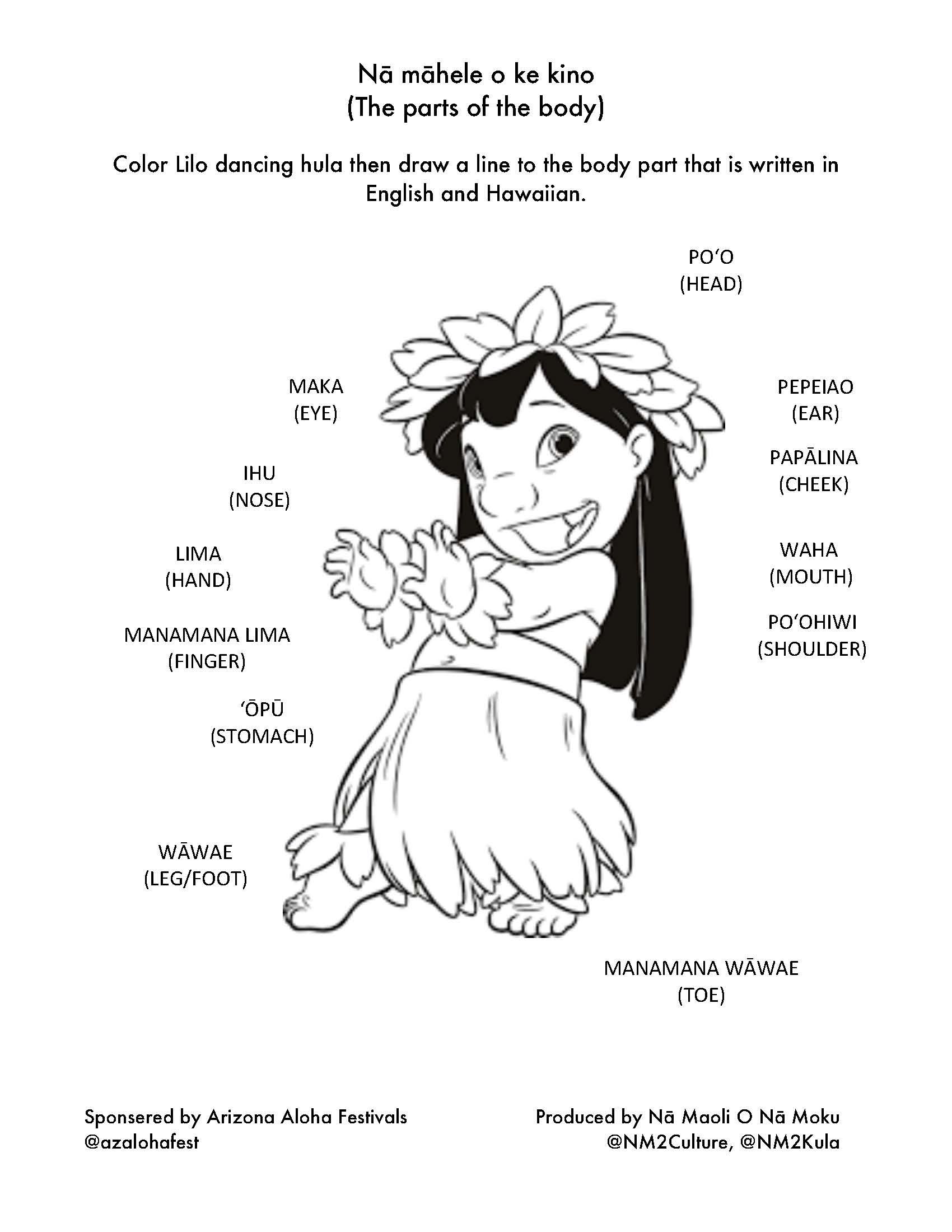 Coloring page of body parts in Hawaiian